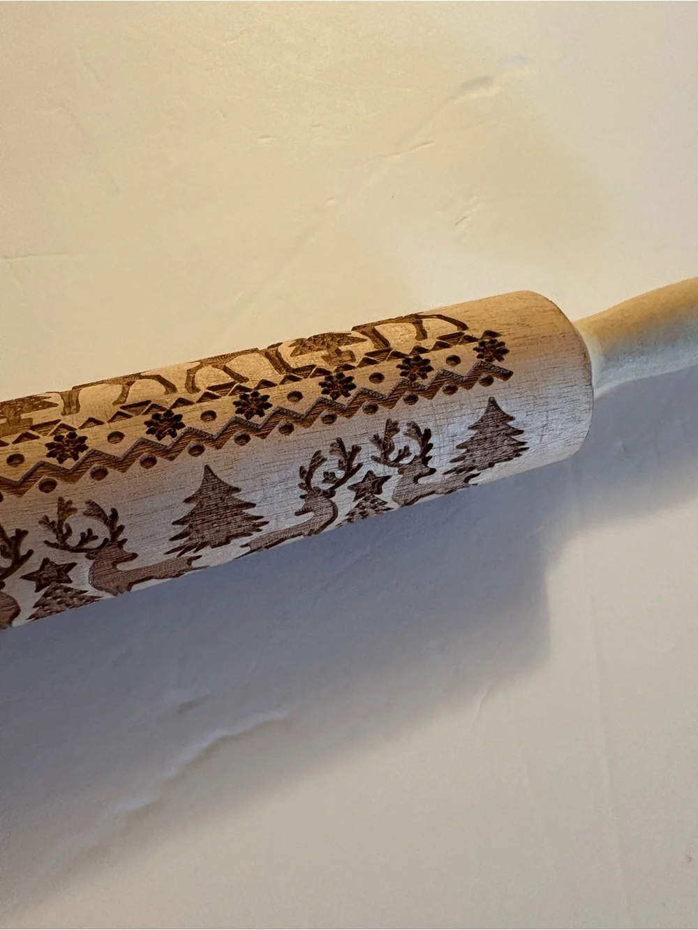 Unbranded Wood Rolling Pin with Carved Reindeer and Tree Pattern - Natural Wood